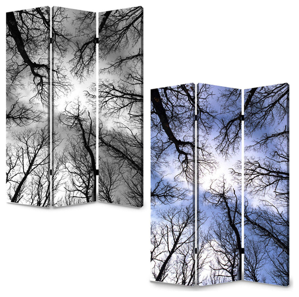 HomeRoots 1" x 48" x 72" Multi Color Wood Canvas Forest Screen