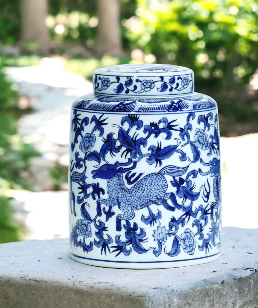 10" Porcelain Ginger Jar with Chinoiserie Deer Design