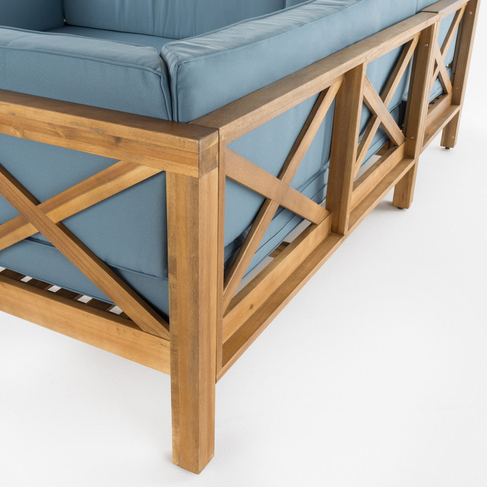 Keith Outdoor Right Arm Loveseat and Coffee Table Set, Blue/Teak