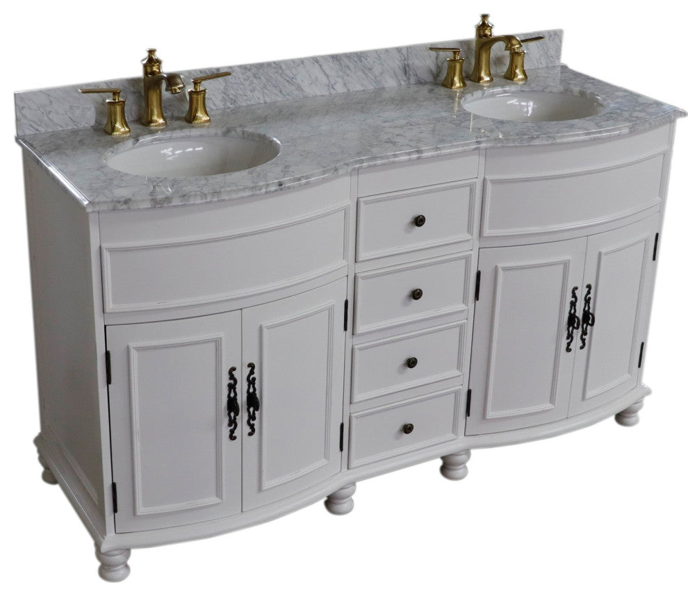 62" Double Sink Vanity Antique White Finish, White Marble Top