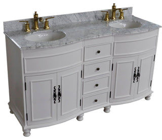 62" Double Sink Vanity Antique White Finish, White Marble Top