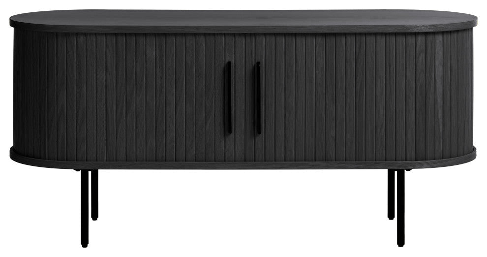 Mid-Century Modern Rounded Sliding Door TV Lowboard, Black Oak, 71"