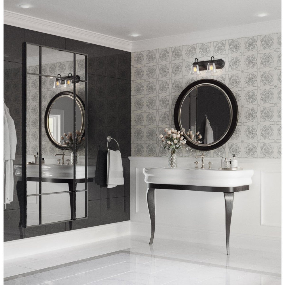 Two-Light Matte Black Transitional Bath and Vanity Light With Clear Glass