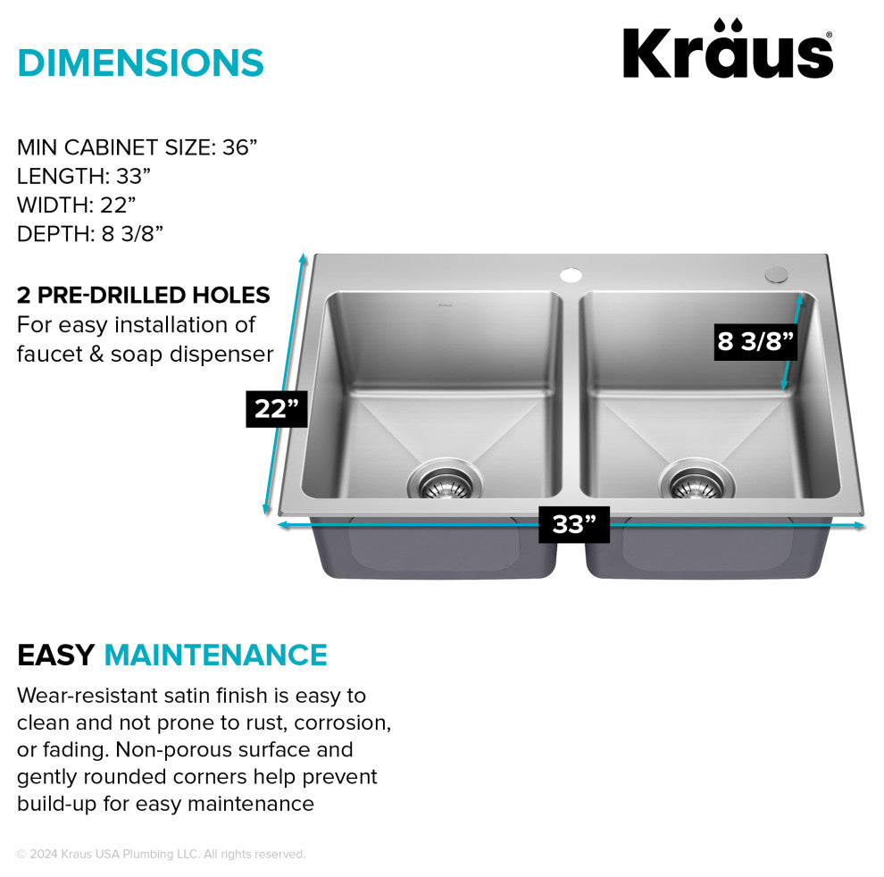 KRAUS Fairlane 33" Drop, / Top Mount 2-Bowl Stainless Steel Kitchen Sink