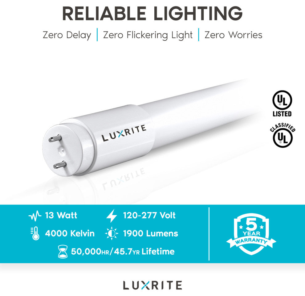 Luxrite 4FT T8 LED Tube Light 13W is 32W Cool White Damp Rated 25 Pack