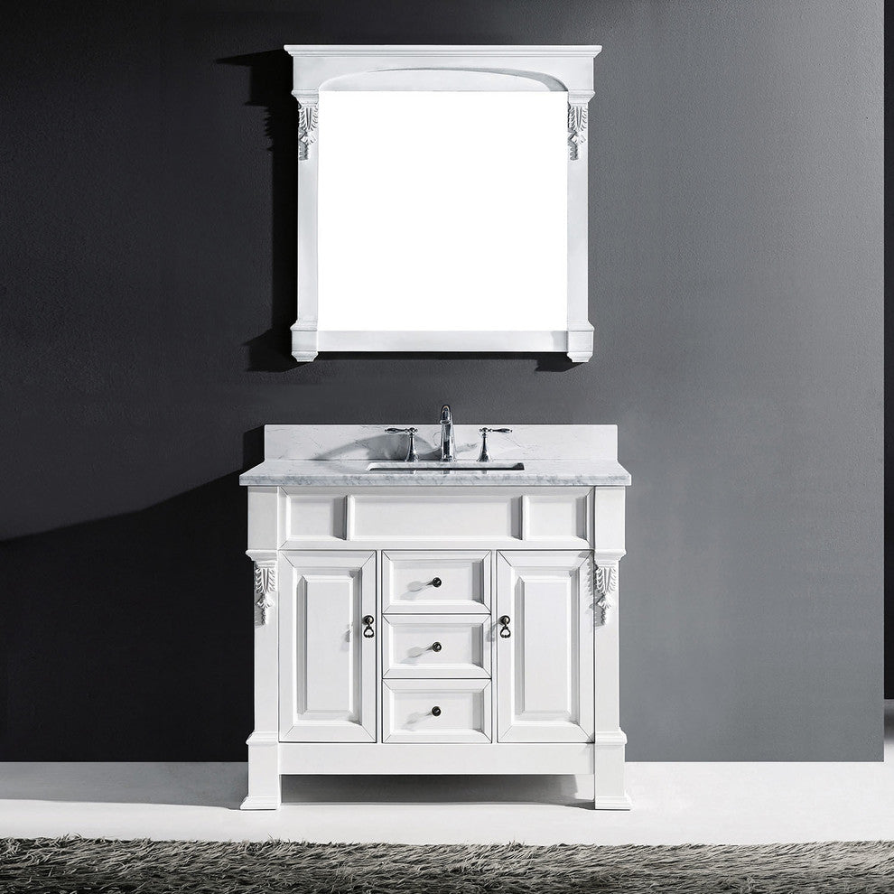 Virtu Huntshire 40" Single Bathroom Vanity, White With Marble Top, With Mirror