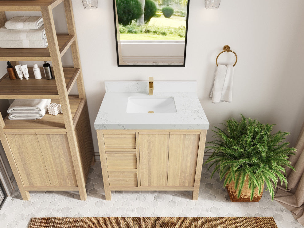 Elizabeth Oak 36" Center Sink Vanity, White 2" Empira Quartz