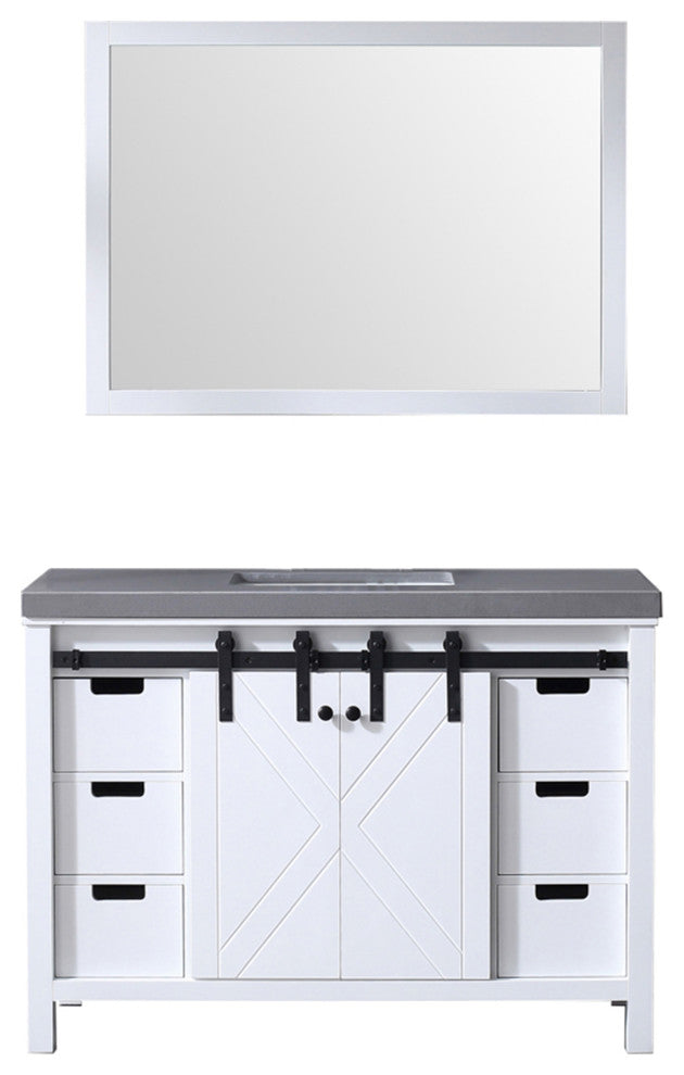 Marsyas 48" White Single Vanity, Gray Quartz Top, White Sink and 44" Mirror