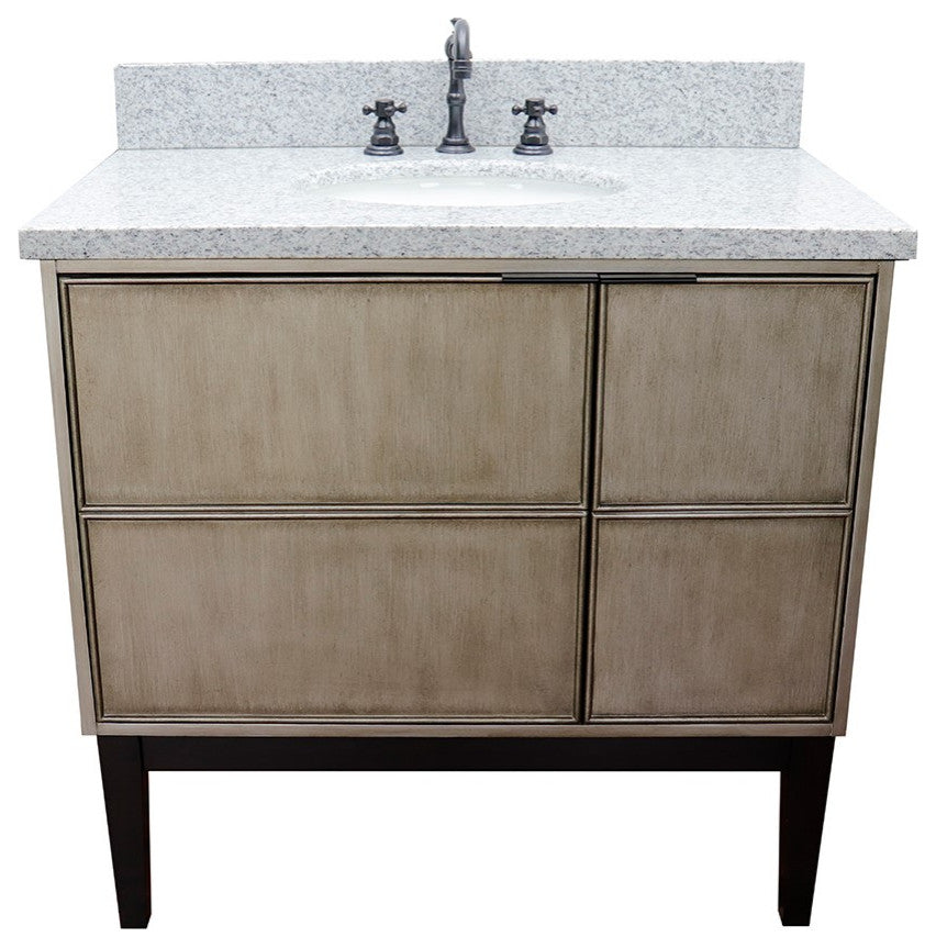 37" Single Vanity, Linen Brown Finish With Gray Granite Top And Oval Sink