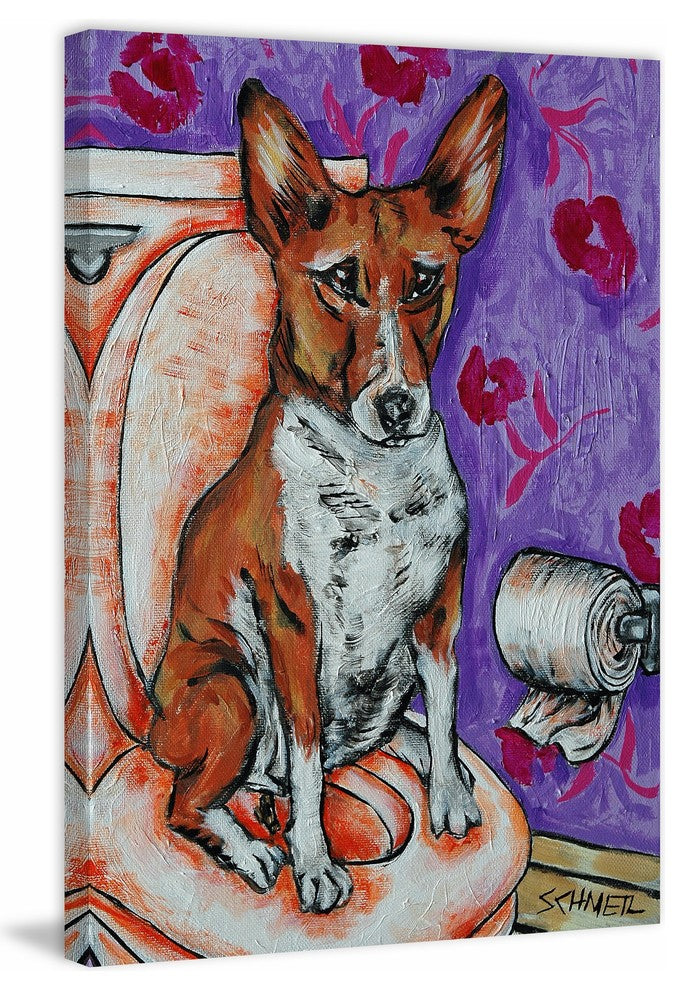 "Basenji Bathroom" Painting Print on Wrapped Canvas, 24"x36"