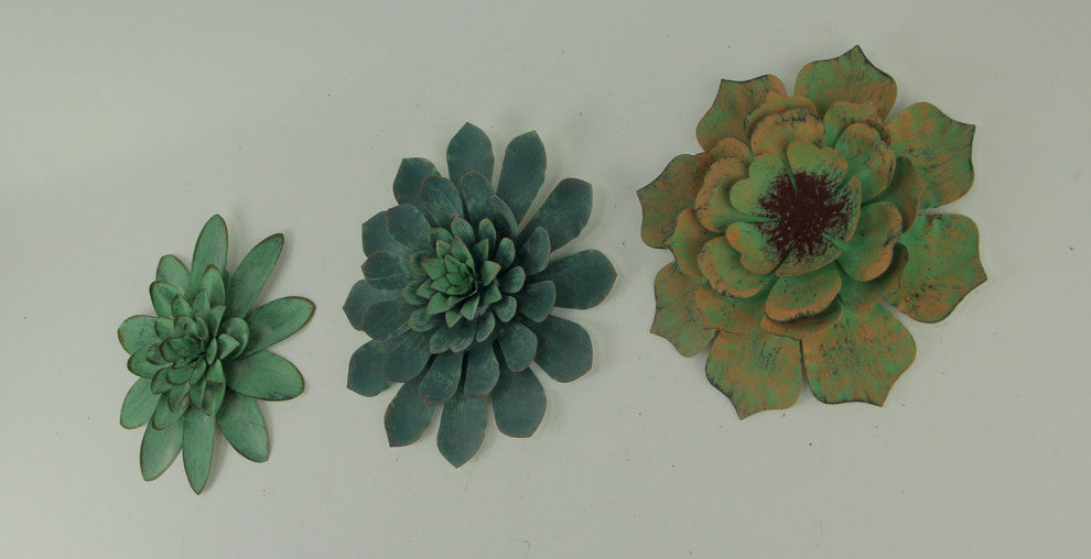 Verdigris Patina Metal Art Tropical Succulent Wall Sculptures Set of 3