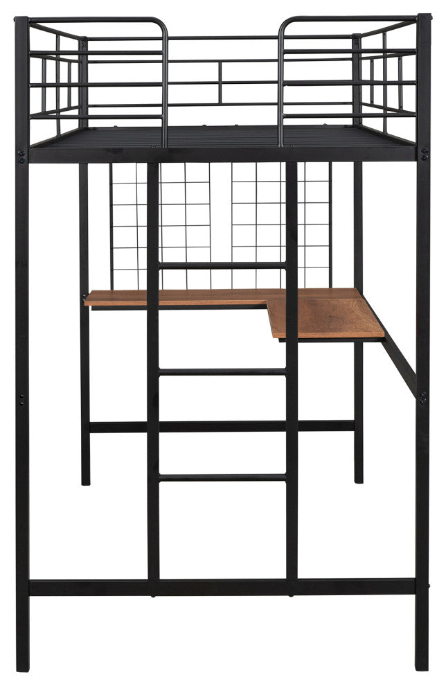 TATEUS Metal Loft Bed With Desk, Sturdy Metal Frame Guardrails Work and Play, Black, Twin