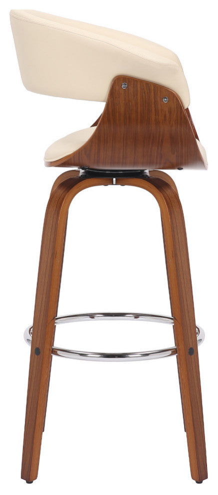 Julyssa Mid-Century Swivel Stool, Faux Leather, Walnut/Cream, Bar Height 30"
