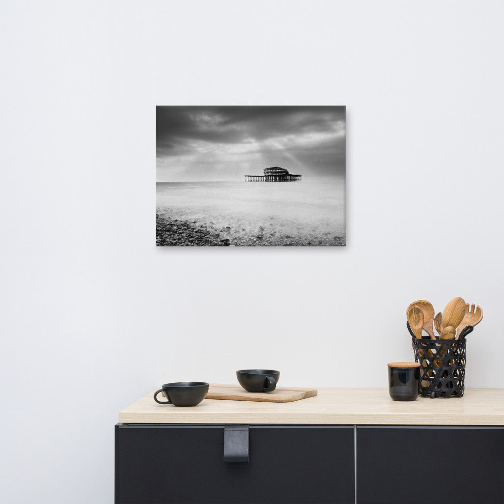 Abandoned West Pier Coastal Seascape Black & White Photo Canvas Art Print, 18" X 24"