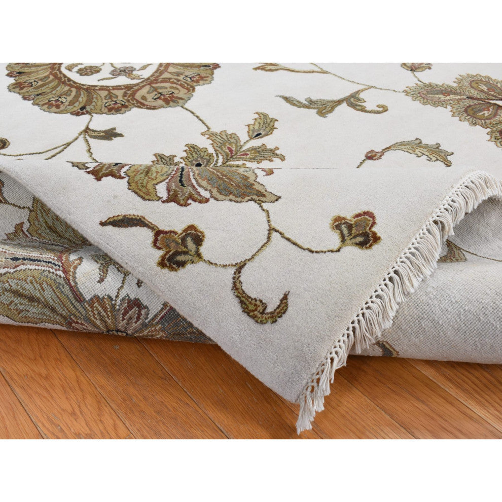 Timberwolf Gray, Rajasthan Design, Wool and Silk Hand Knotted Rug, 6'x9'2"