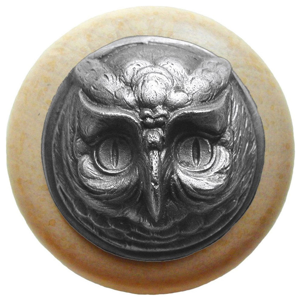 Wise Owl Natural Wood Knob, Unfinished With Antique-Style Pewter