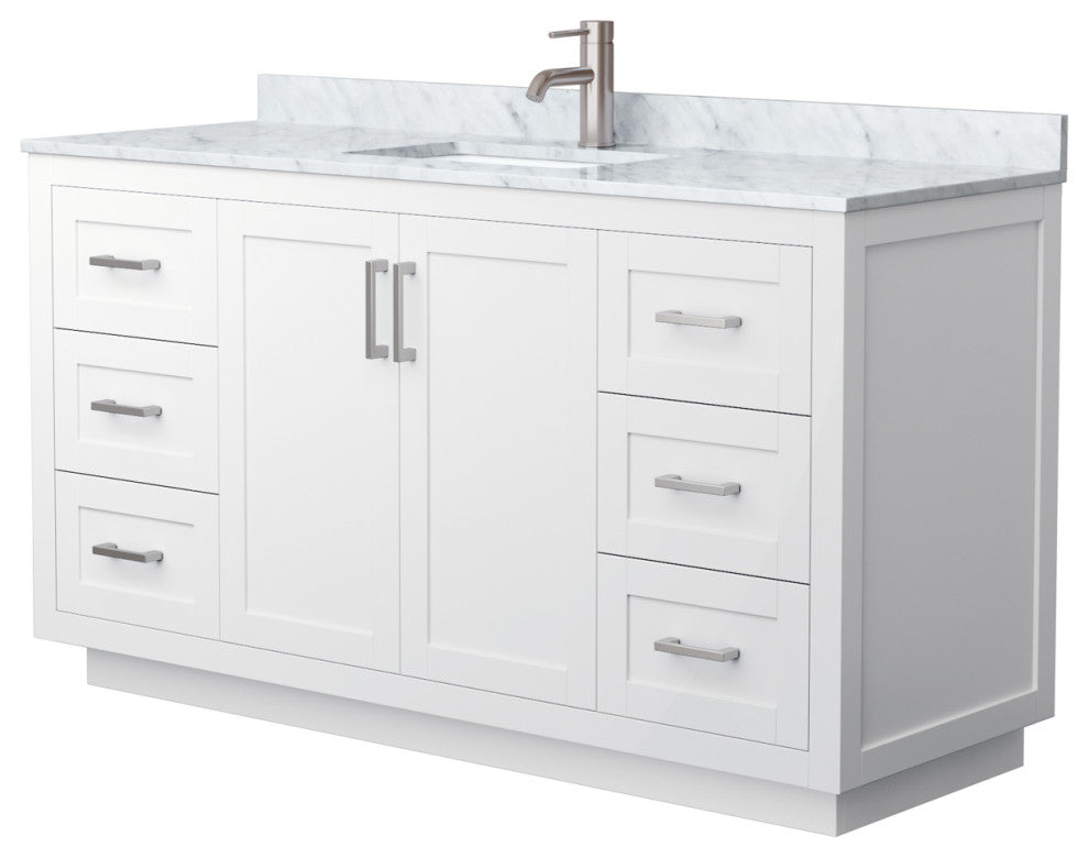 60" Single Bathroom Vanity White, White Carrara Countertop, Sink, Nickel Trim