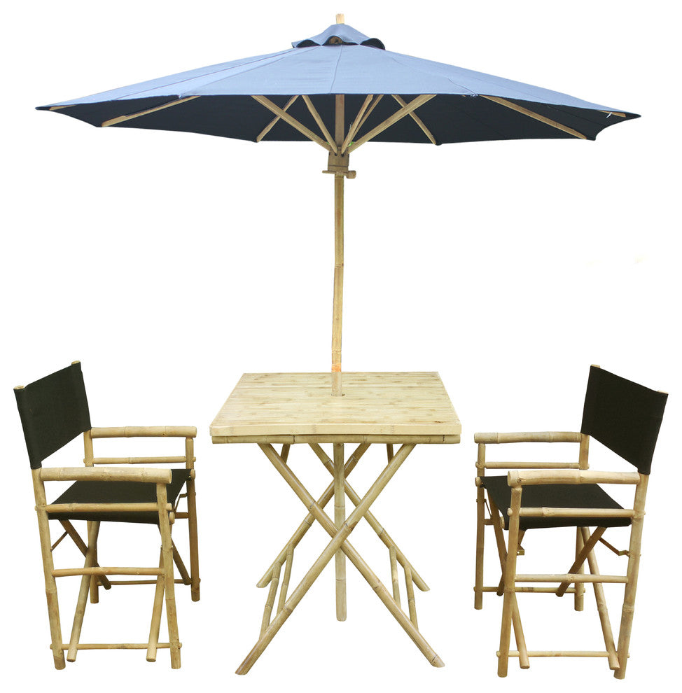 Set of Bamboo Square Table, 2 Director Chair, 1 Umbrealla, Black