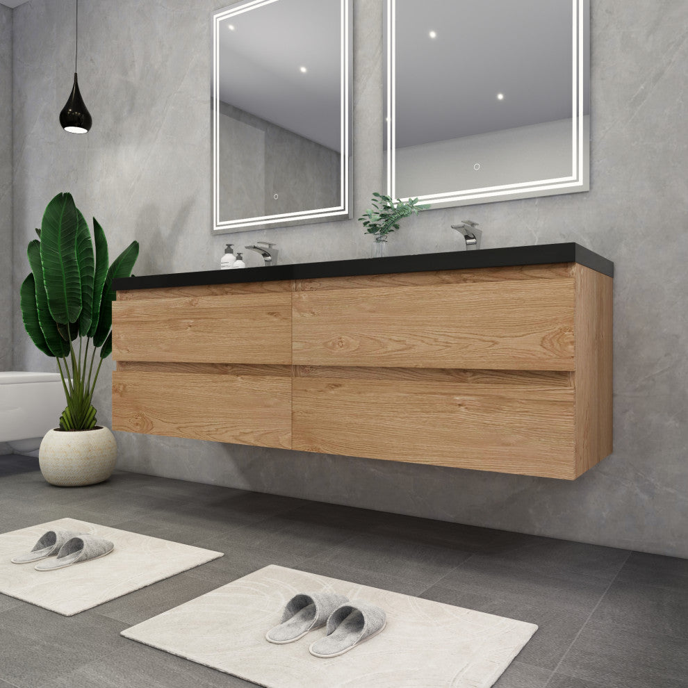 Belli 72" Double Sink Wall Mount Vanity Set, New England Oak, Matt Black Top
