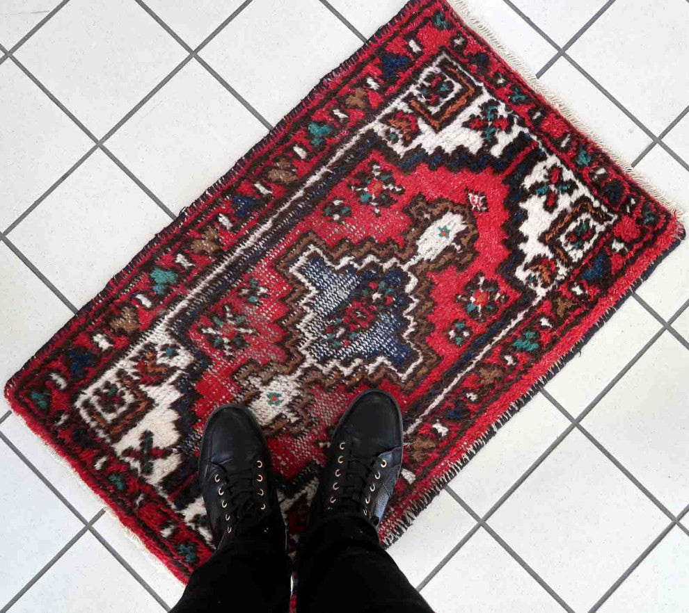 Handmade Vintage Persian Hamadan Rug 1.8'x2.9', 55cmx88cm 1970s