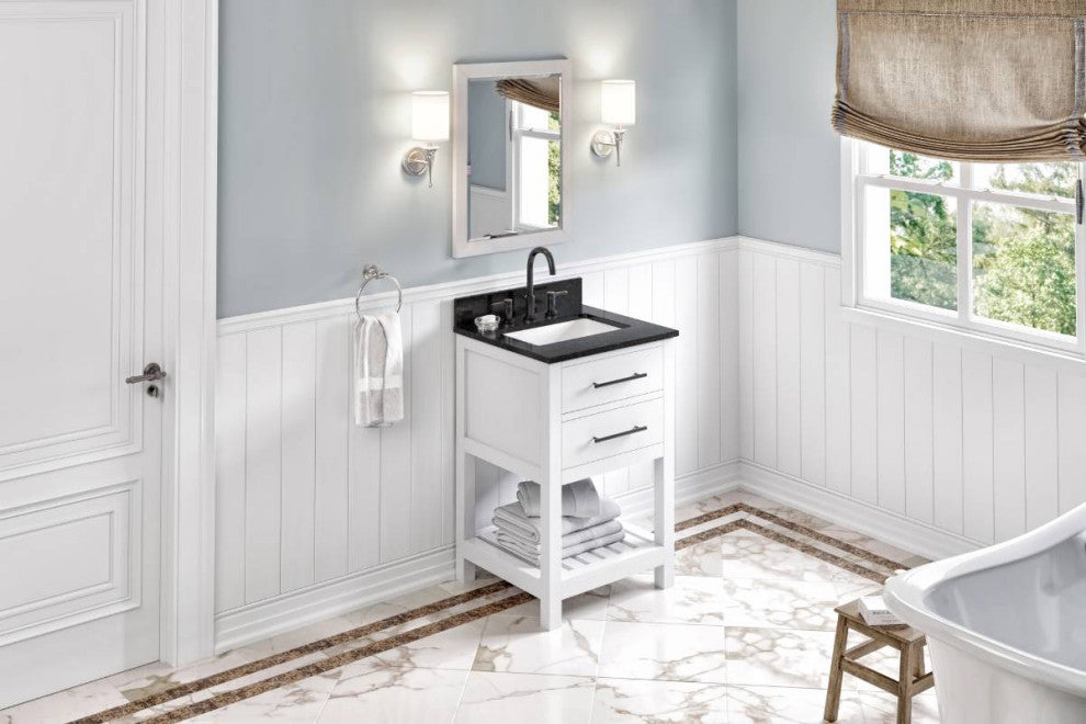 Wavecrest Contemporary White 24" Vanity, Black Granite Vanity Top