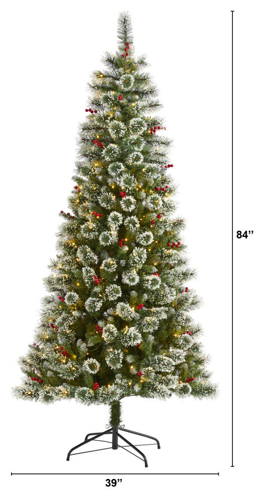 7' Frosted Swiss Pine Faux Christmas Tree With 400 Clear LED Lights and Berries