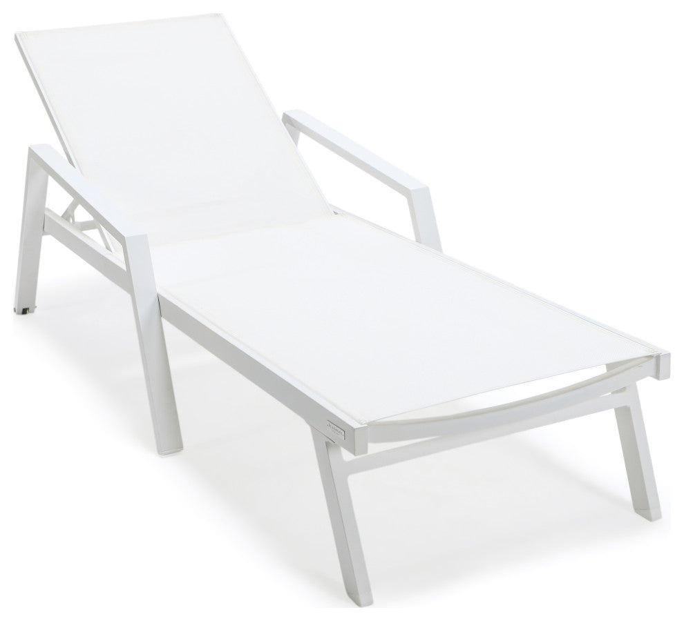 LeisureMod Marlin Chaise Lounge Set With Arms and Fire Pit Table, White