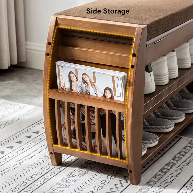 40.2" Rustic Bamboo Upholstered Entryway Flip Top Storage 3-Tier Shoe Bench Rack