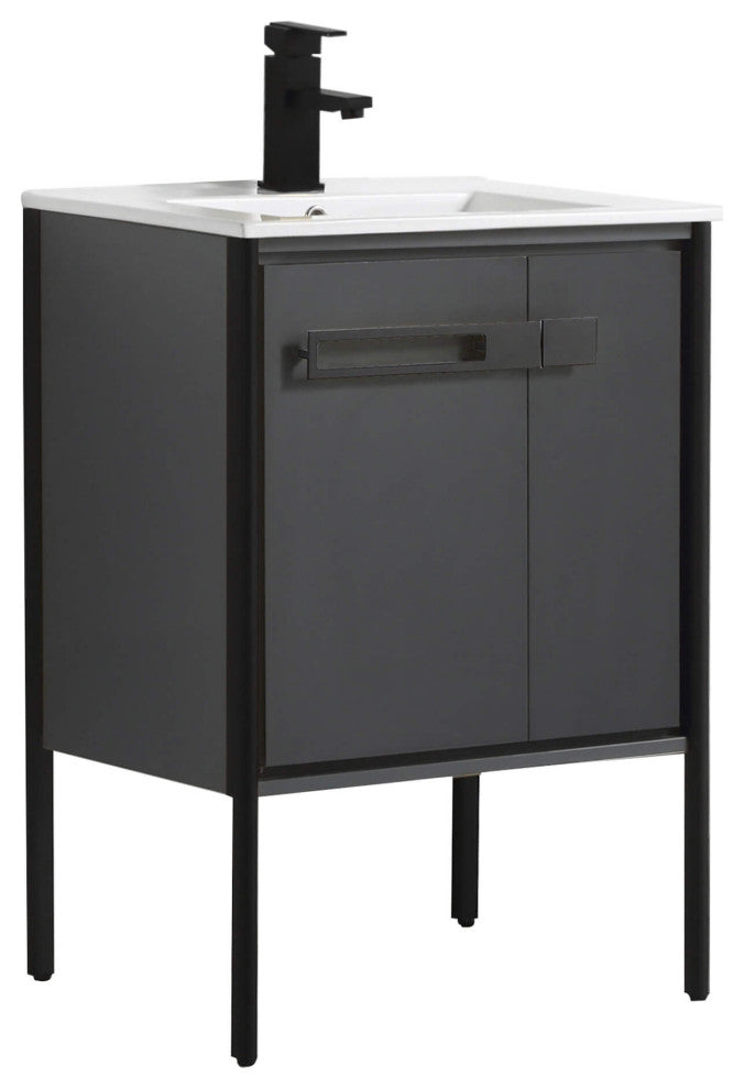 Oakville Bath Vanity, Ceramic Sink, Onix Grey, 24 Inch, Black Hardware