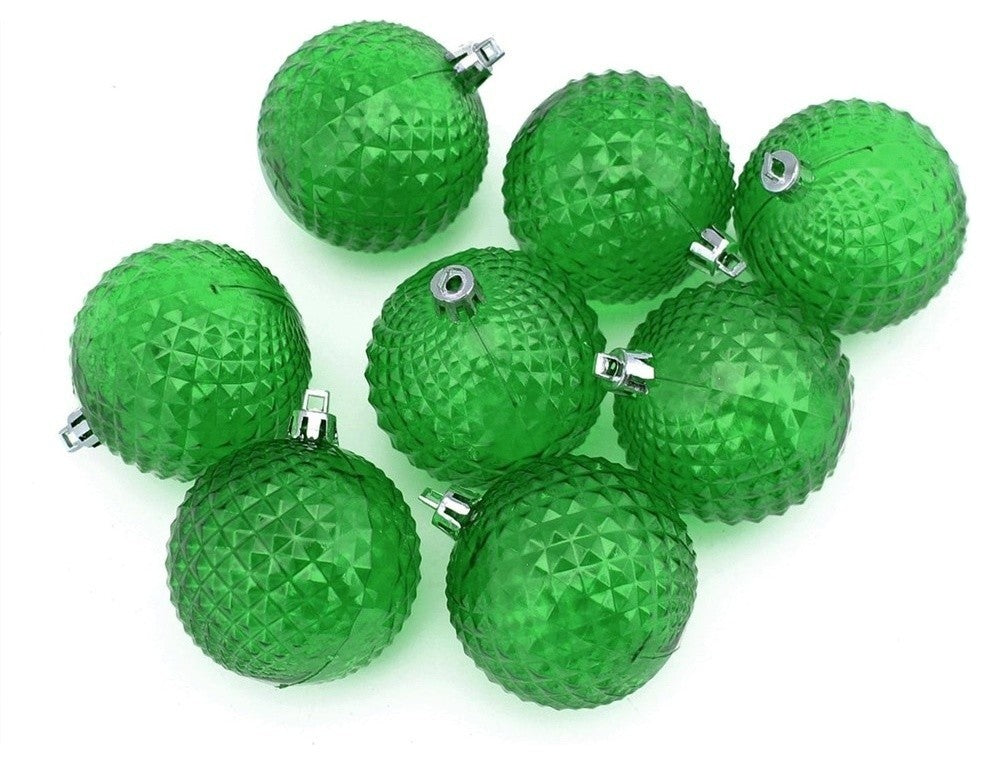 Xmas Green Diamond Cut Christmas Ball Ornaments, 2.5", Set of 8