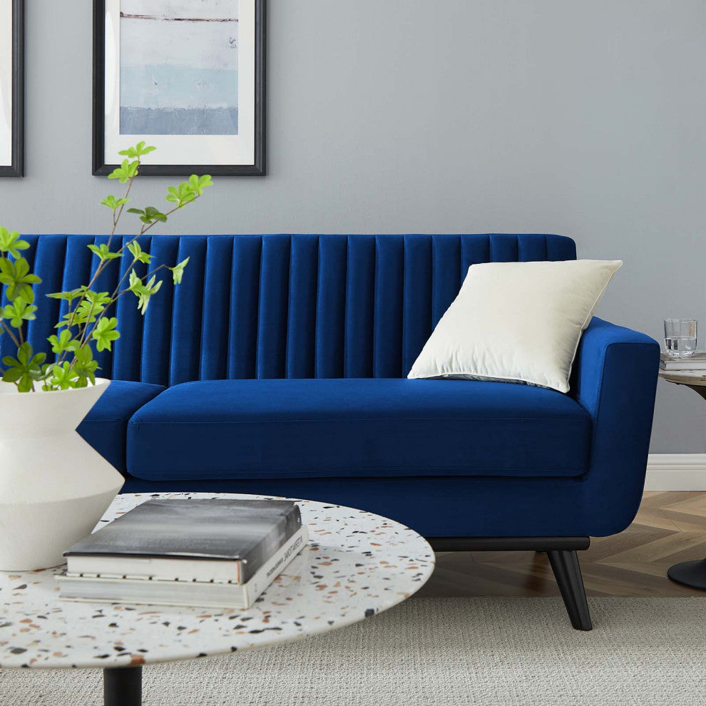 Tufted Sofa, Velvet, Blue Navy, Modern, Living Lounge Hotel Lobby Hospitality