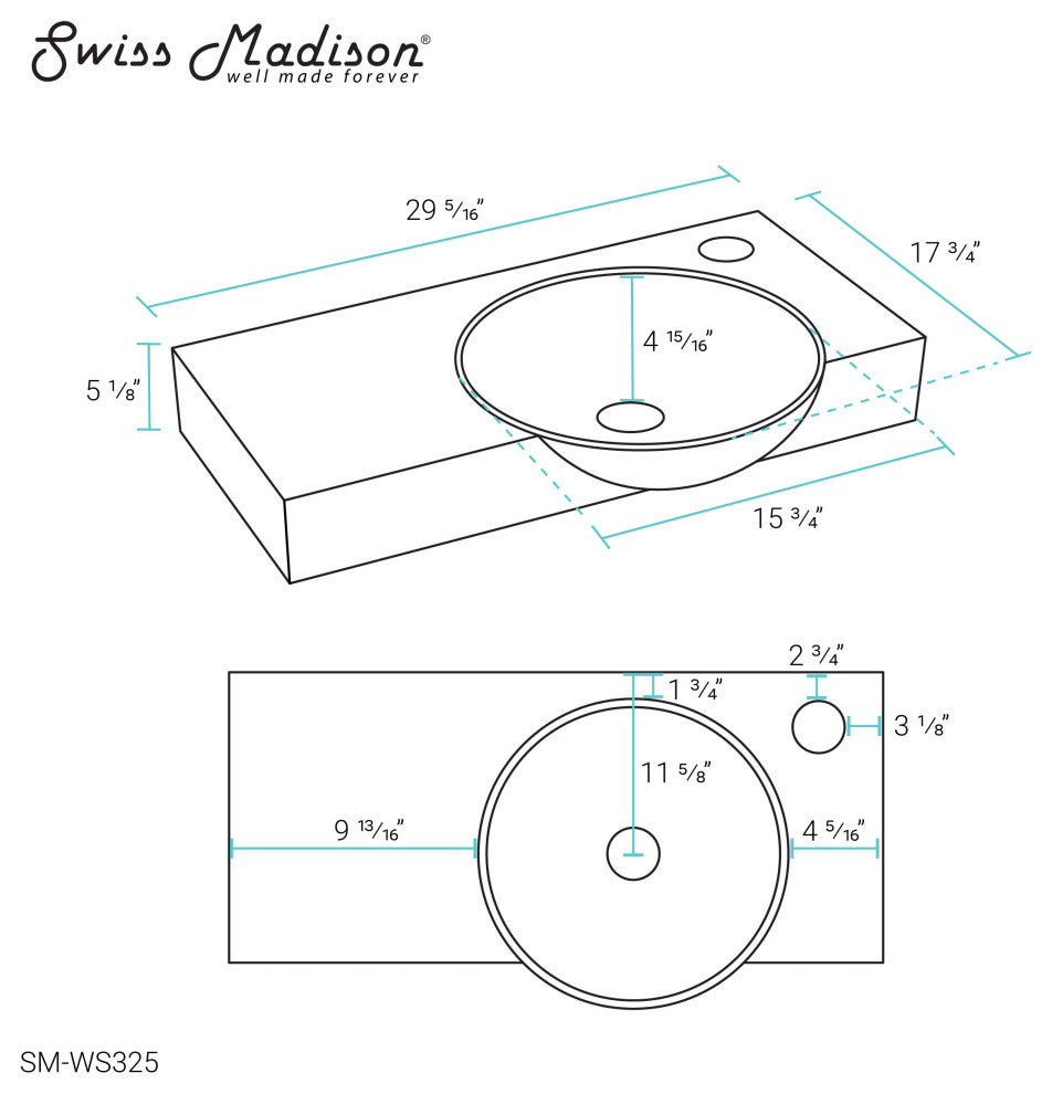 Chateau 30" Right Side Faucet Wall-Mount Bathroom Sink, Right-Side Faucet