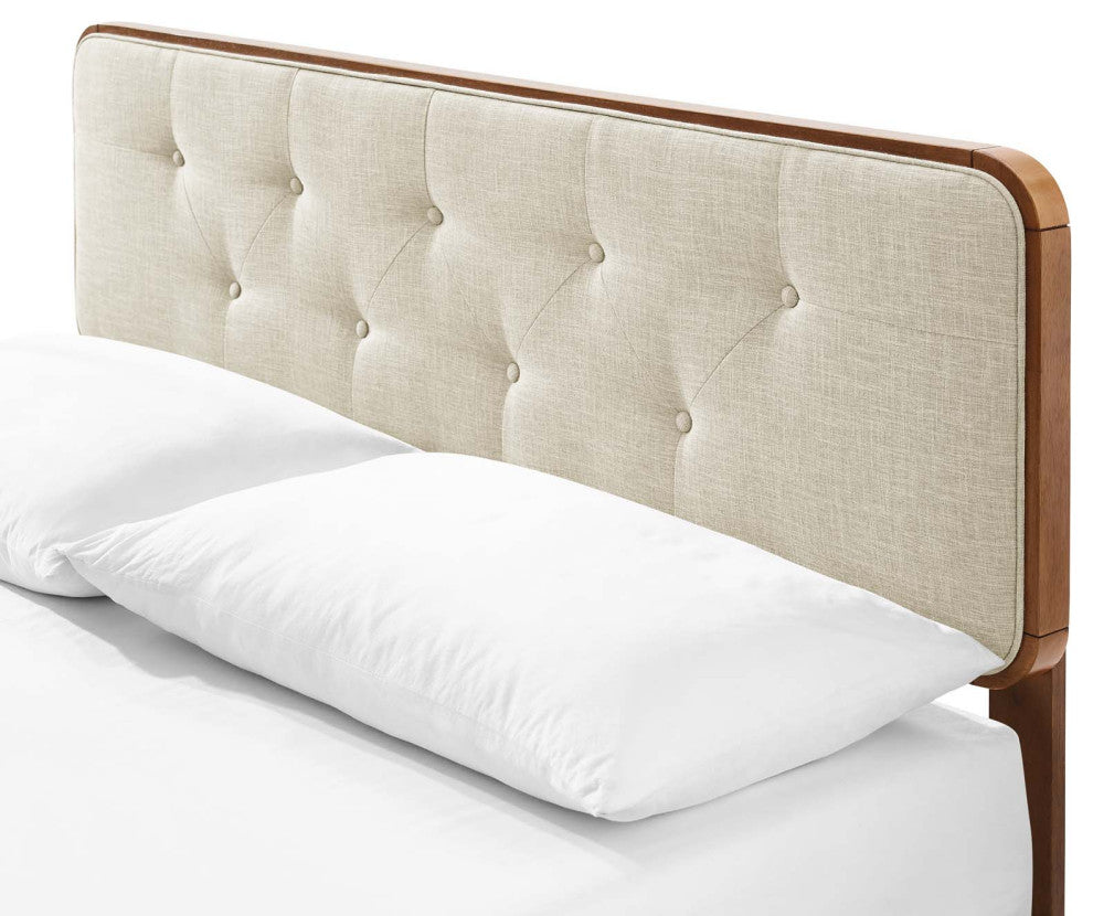 Platform Bed Frame, Queen Size, Fabric, Wood, Brown Walnut Beige, Modern