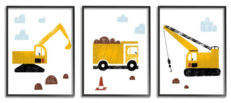 Illustration of Construction Trucks with Crayon Stylization3-Piece, 11x14
