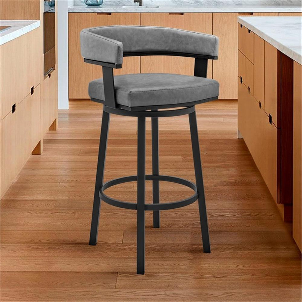 Armen Living Lorin 30" Modern Faux Leather Swivel Bar Stool in Gray/Black