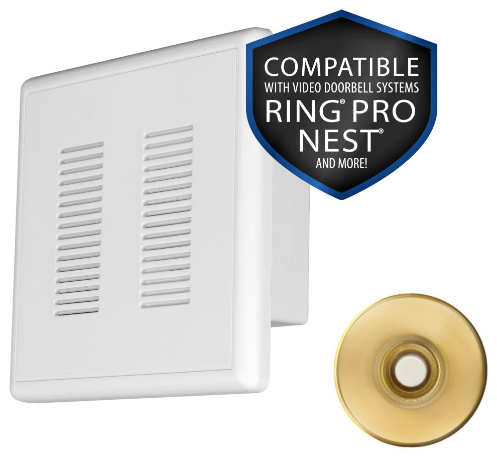 PrimeChime Plus 2 - Video Compatible Doorbell Chime Kit, Polished Brass, Stucco Button