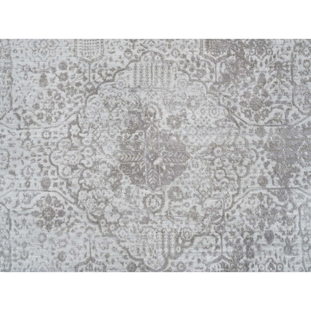 Gray Broken Persian Design Hand Knotted Wool and Silk Square Rug, 10'0"x10'0"