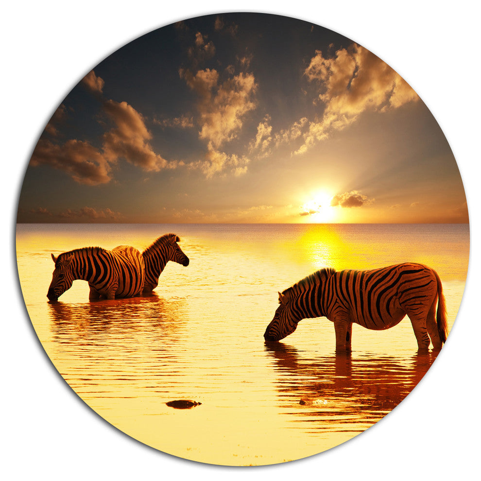 Zebras In Water At Sunset, African Disc Metal Artwork, 36"