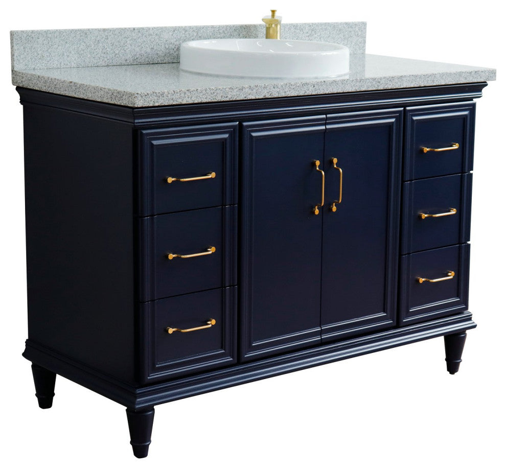 49" Single Sink Vanity, Blue Finish With Gray Granite and Round Sink