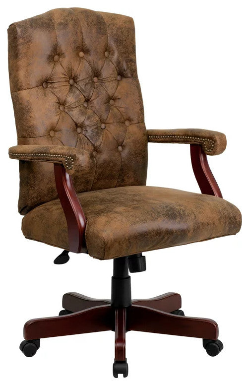 Office Chair, Button Tufted Back & Arms With Nailhead, Bomber Brown Microfiber