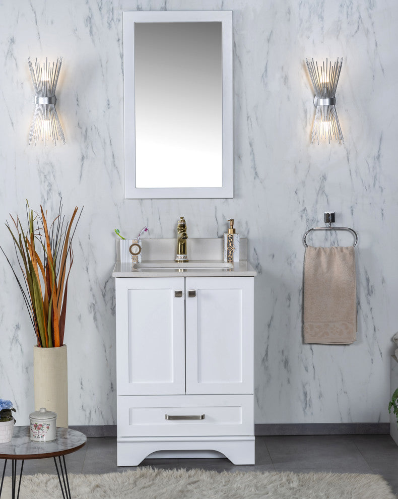 Livia Collection 24" Bath Vanity Quartz Top and Ceramic Sink, White, 24"