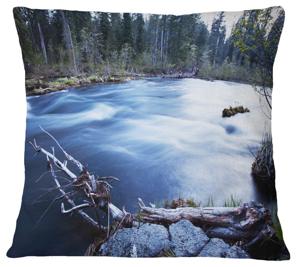 Blue River in Forest At Evening Landscape Printed Throw Pillow, 18"x18"
