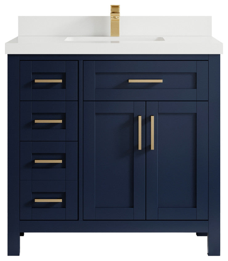 Cambridge 36 Center Sink Bath Vanity in Hale Navy Blue 2" White Quartz