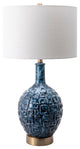 Nuloom 28" Tegular Ceramic Flask Linen Shade Blue, 3-Way Switch Table Lamp