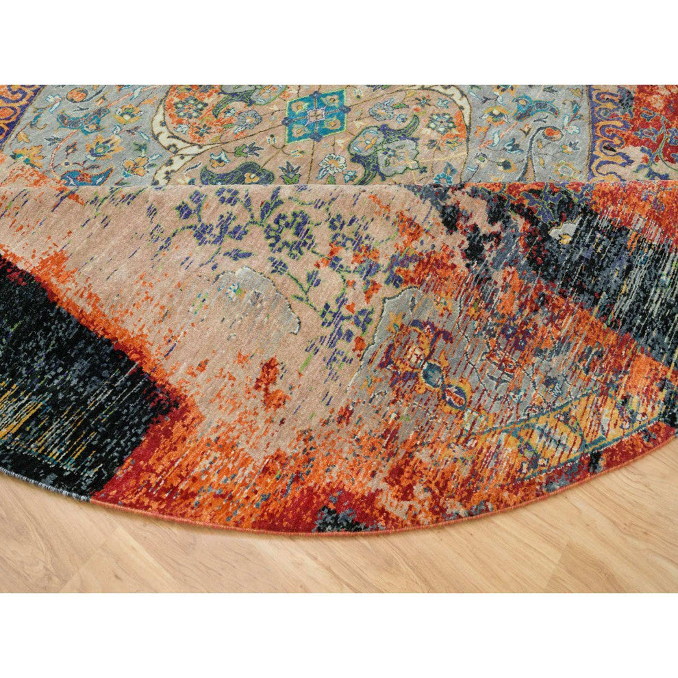 Orange Ancient Ottoman Erased Design Wool Hand Knotted Round Rug 12'1"x12'1"