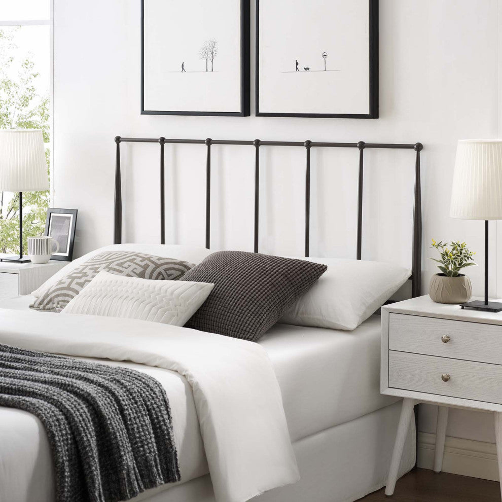 Contemporary Modern Bedroom Queen Size Headbaord, Stainless Steel Metal, Brown