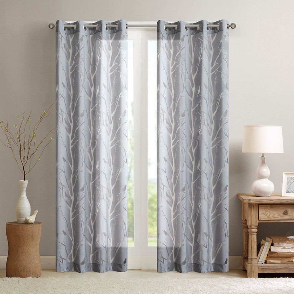 Madison Park Averil Devore Bird Sheer Window Curtain Panel, Grey