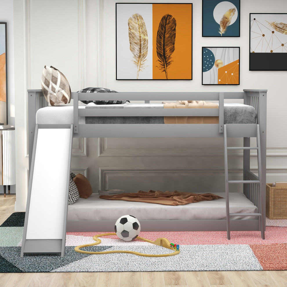 Gewnee Wood Twin Over Twin Bunk Bed with Slide and Ladder in Gray