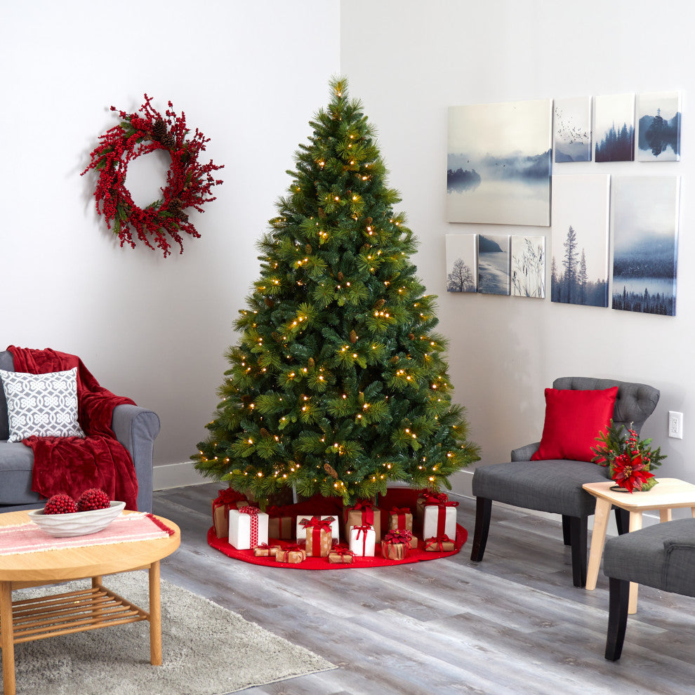 7.5' North Carolina Pine Faux Xmas Tree W/Lights, Bendable Branches & Pinecones