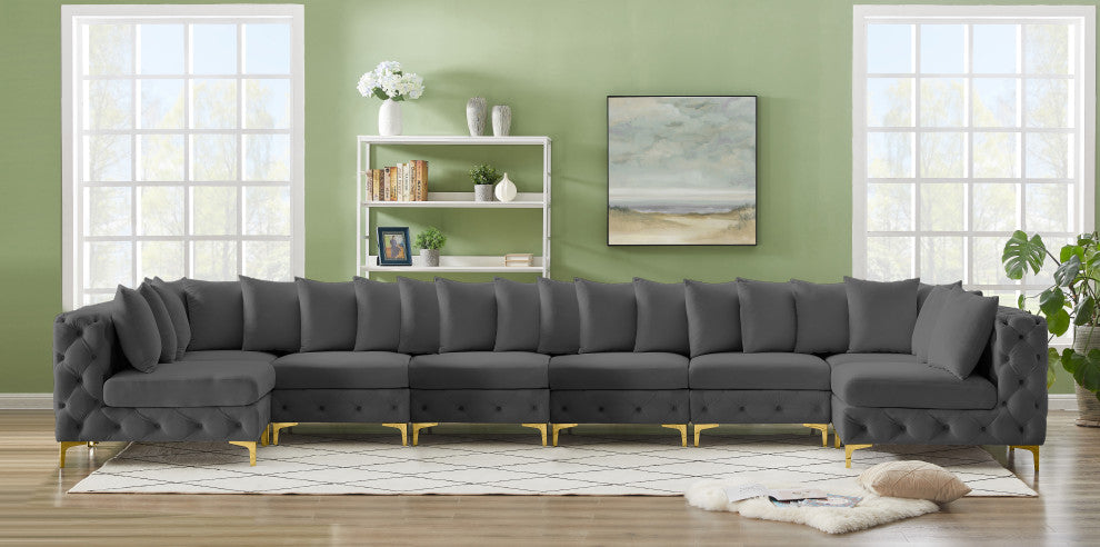 Tremblay Velvet Upholstered 8-Piece Modular U-Shaped Sectional, Grey